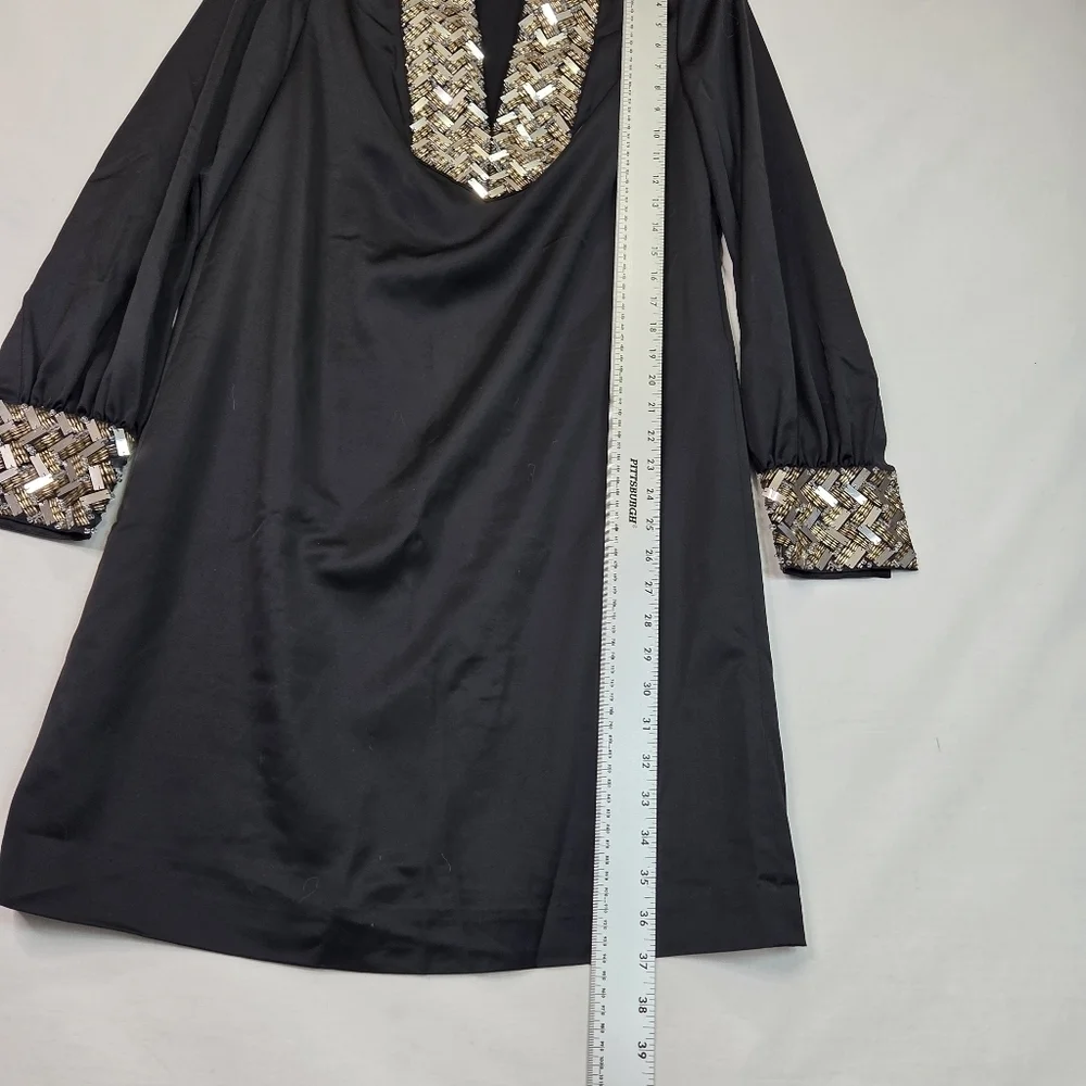 Tory Burch Black Embellished Shift Dress Size 8 Long Sleeve Beaded Neckline